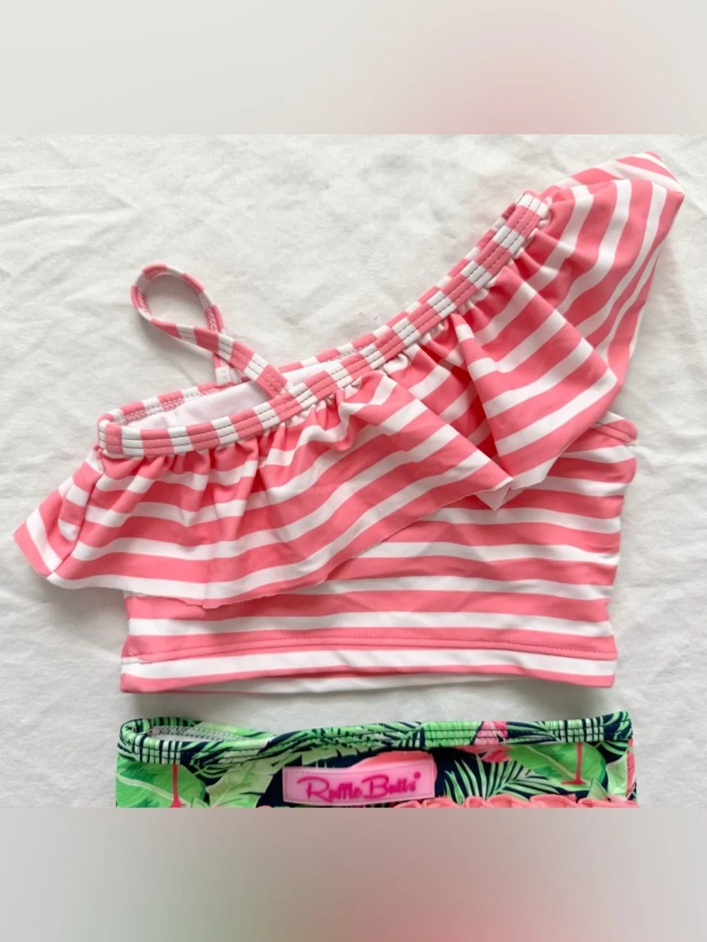Ruffle Butts Pink Striped One-Shoulder Ruffle Bikini with Flamingo Print Bottoms